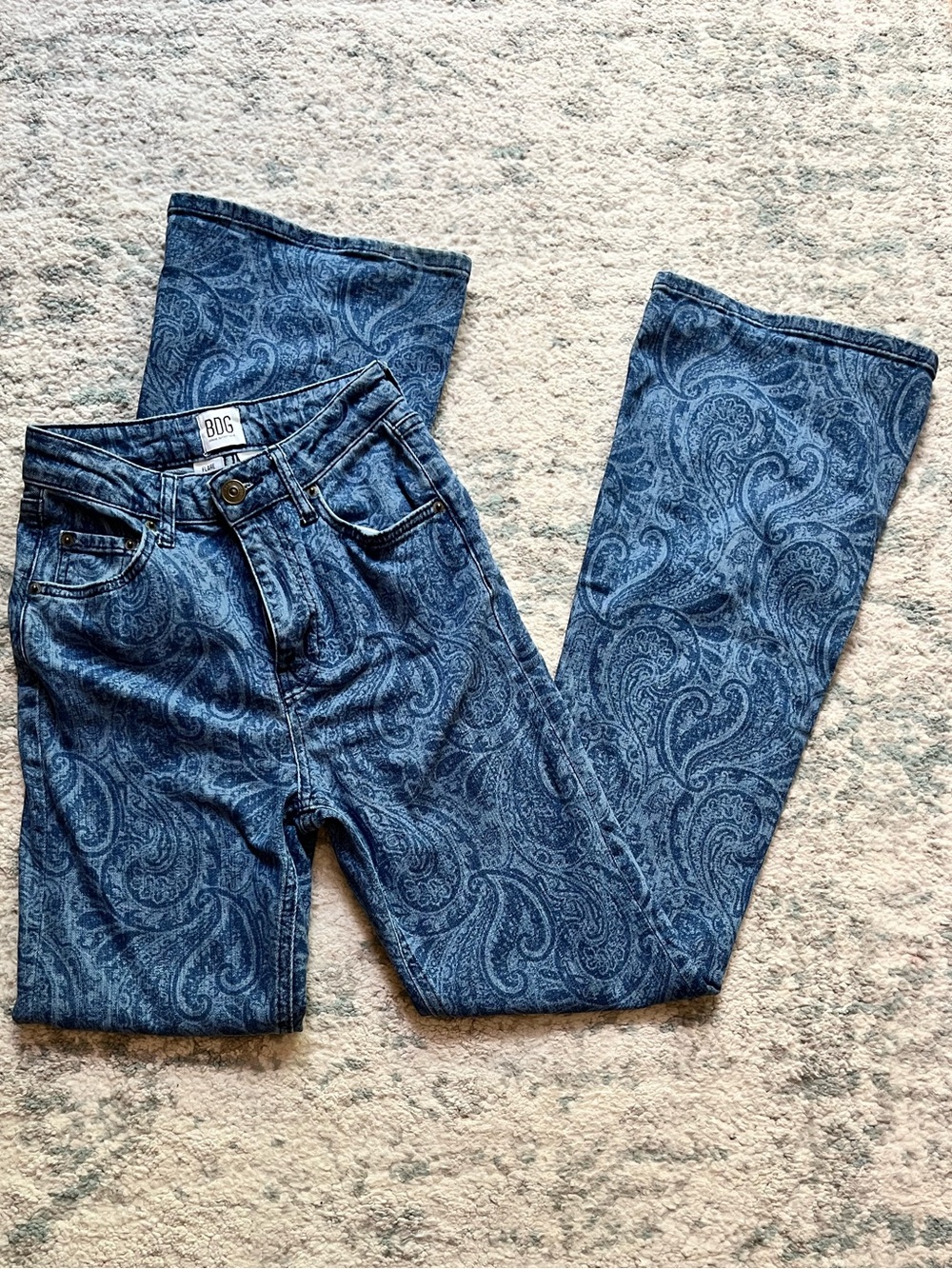BDG Paisley Print Flare Jeans in Blue